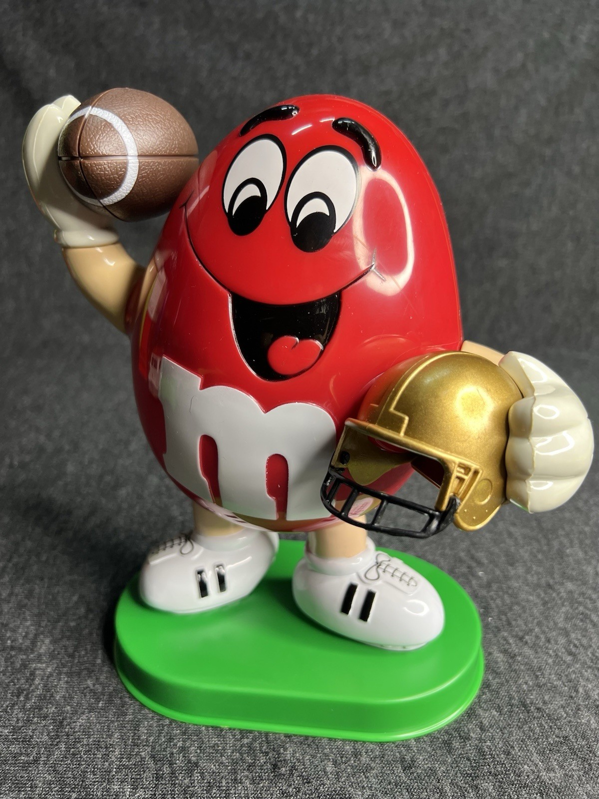 Vintage 1995 M&M\'s Red Peanut Football Player with Gold Helmet Candy Dispenser