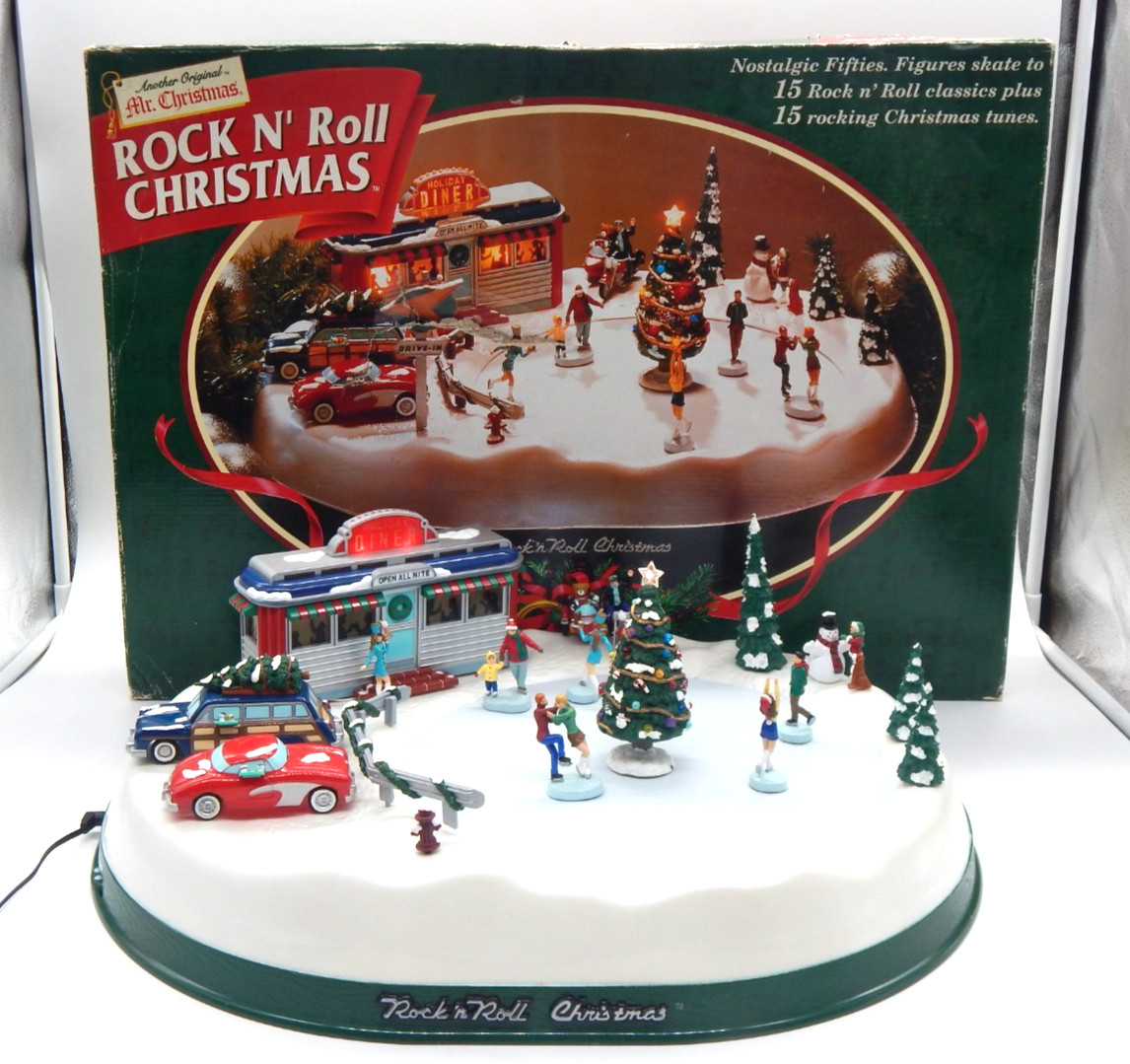VTG 1997 Mr. Christmas Rock N Roll Animated Musical Diner Skating Pond W/Box