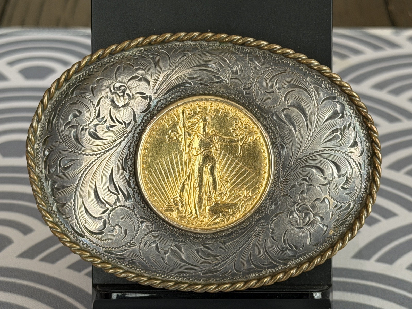 1911 $20 Saint Gaudens Gold Double Eagle Diablo Sterling Silver Belt Buckle 1911 $20 Saint Gaudens Gold Double Eagle Diablo Sterling Silver Belt Buckle