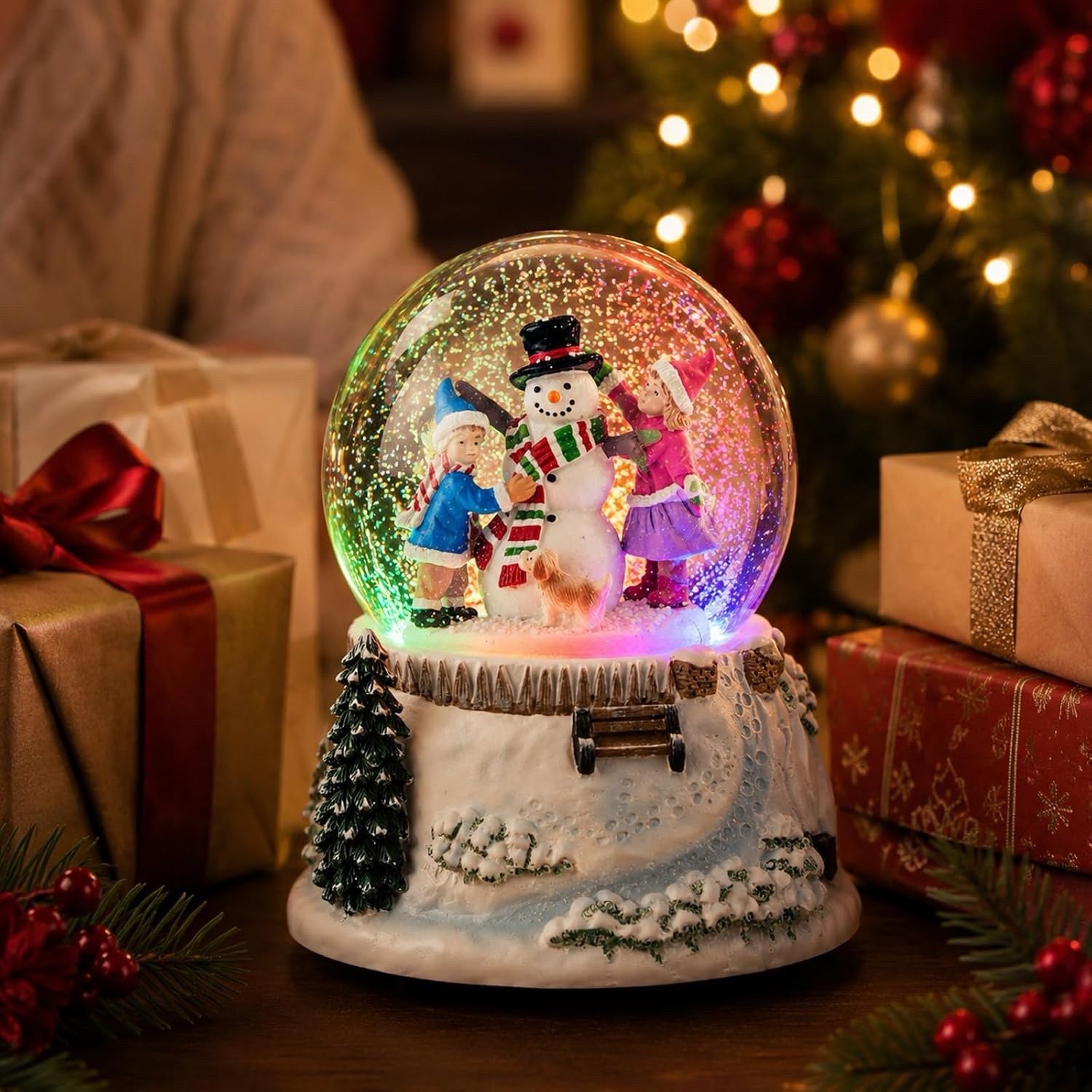 Christmas Snow Globe Music Box with LED Lights and Falling Snow