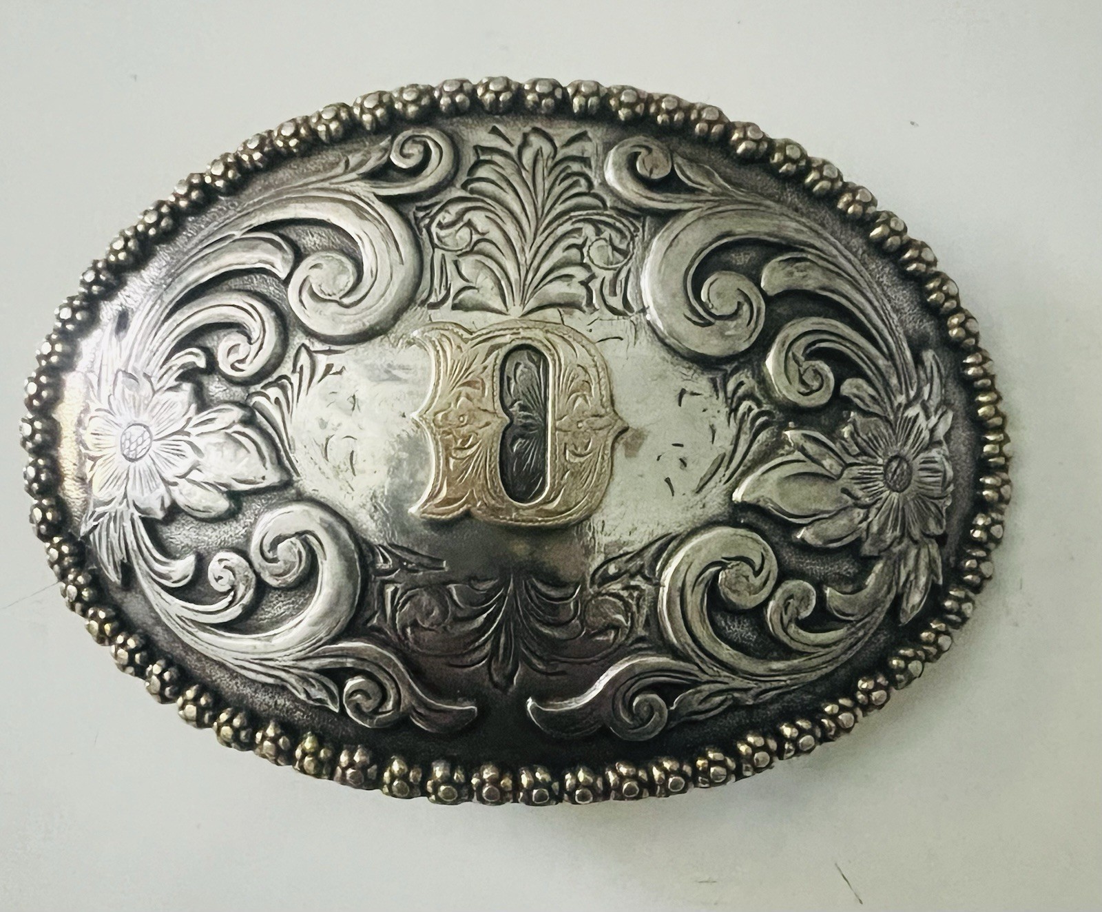 Nocona Silver Flower Filigree Engraved Western Belt Buckle Letter D