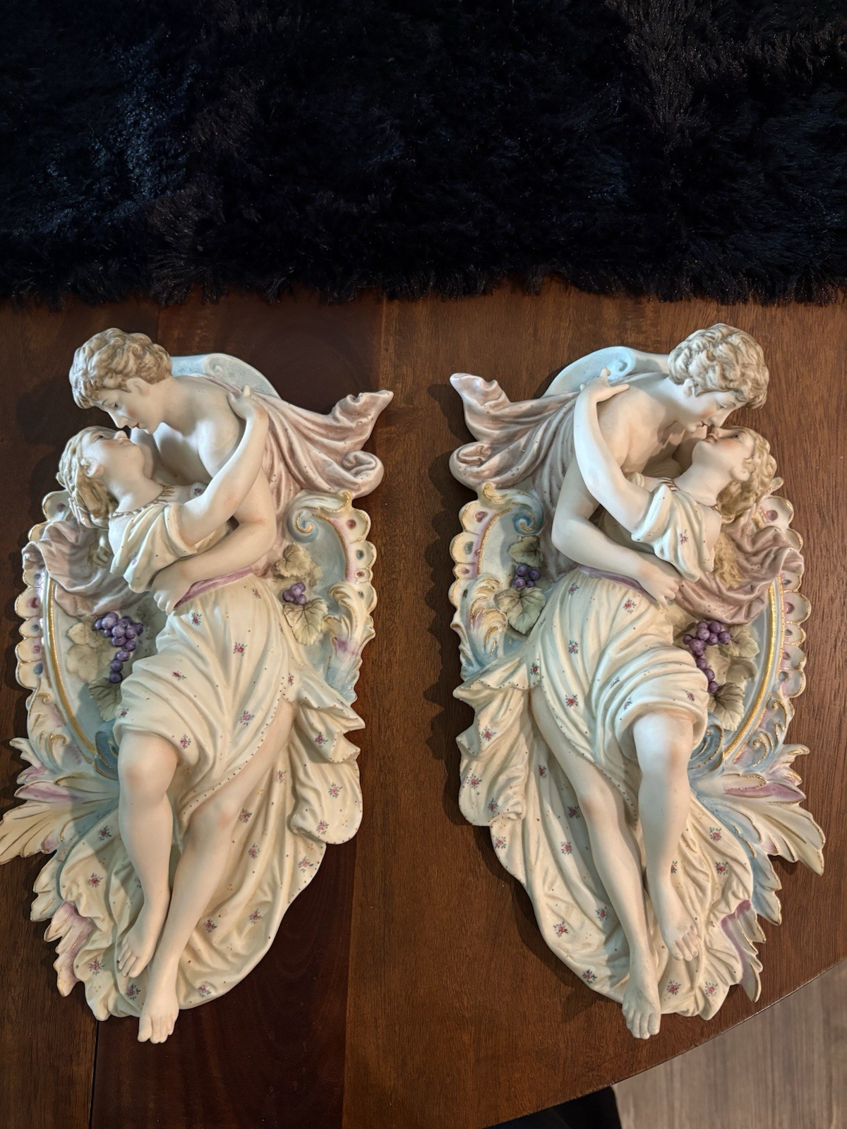 Vintage Italian Capodimonte 3D Porcelain Romantic Couple Wall Plaques Pair