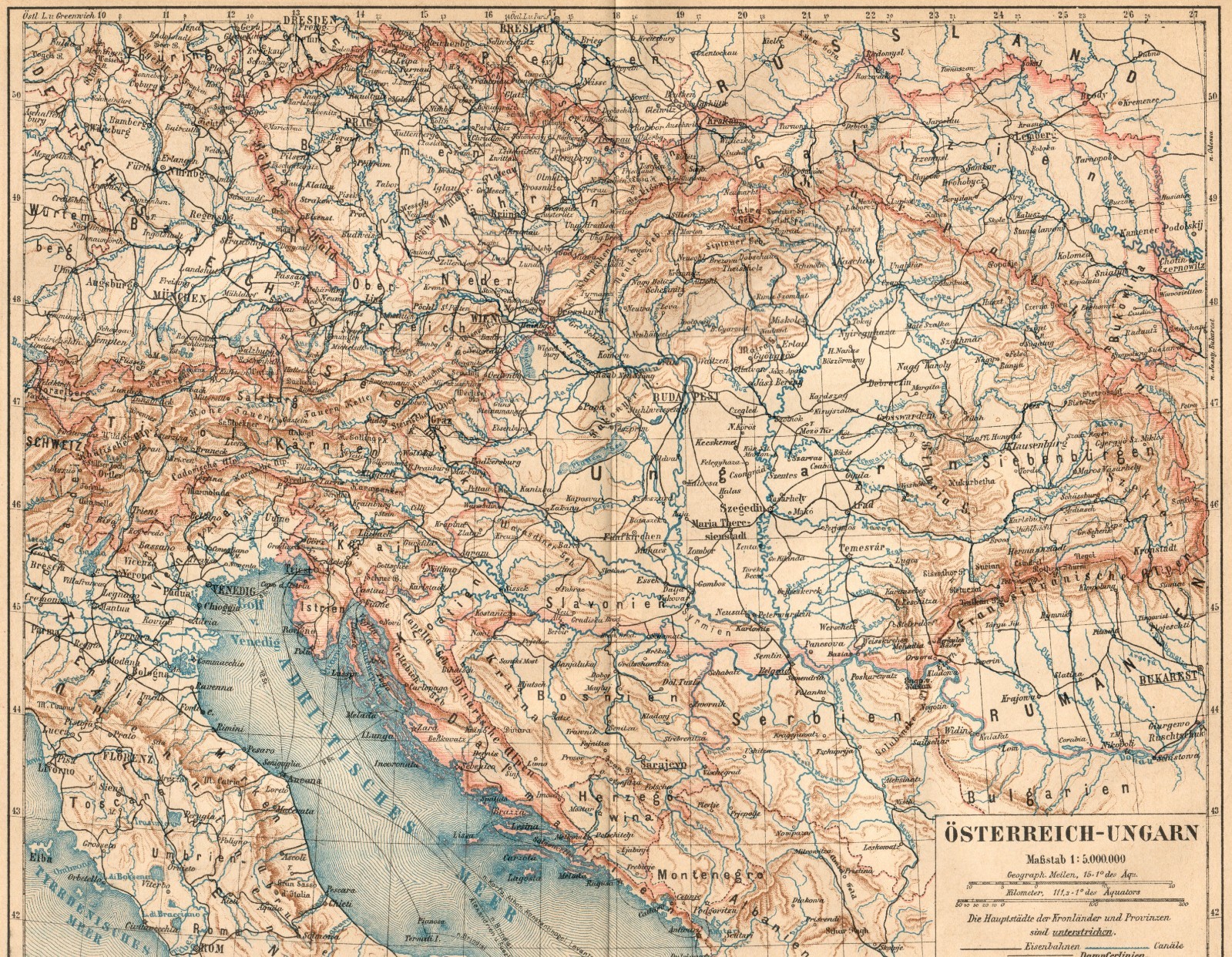 c1888 Antique Austria Hungary Map Full Page Meyers Atlas Print