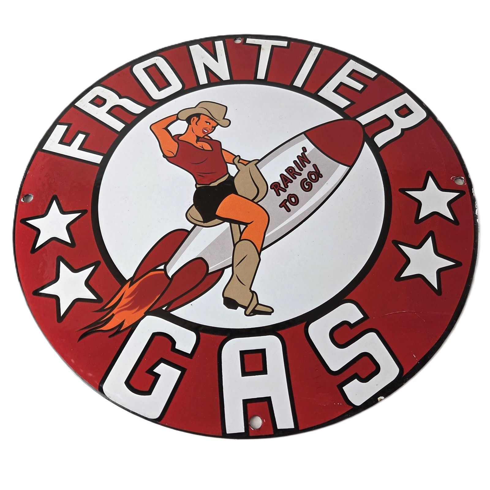 Vintage Frontier Gasoline Sign - Pinup Cowgirl Sign Gas Oil Pump Porcelain Sign