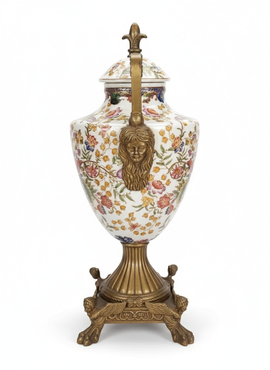  Antique Wong Lee 1895 Porcelain and Bronze Laby Head Vase
