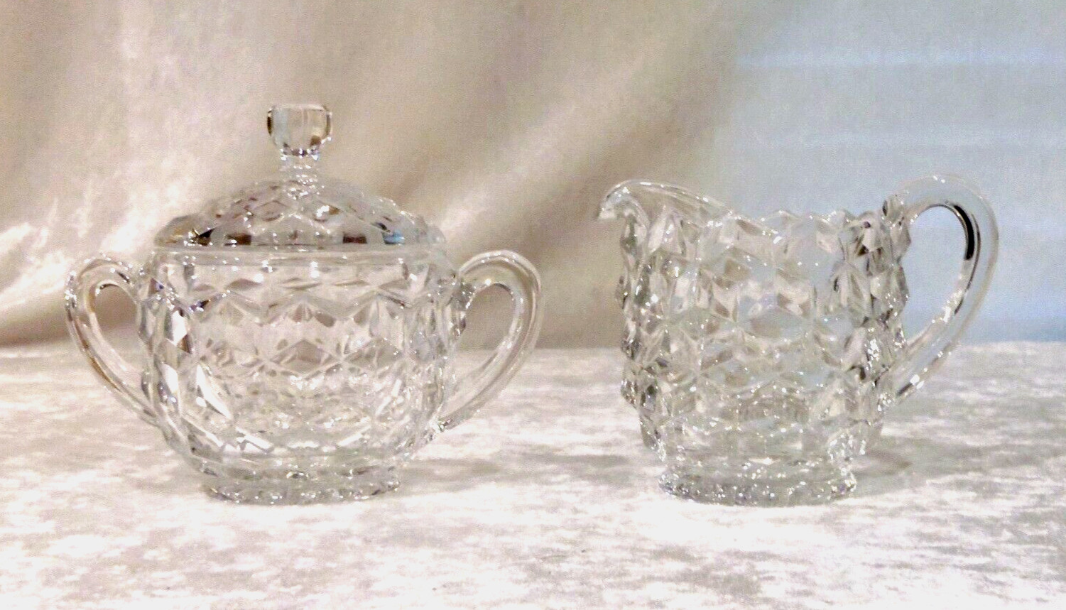 VTG Fostoria American Cubist Creamer Lidded Sugar Bowl Set Clear Glass Heavy VTG Fostoria American Cubist Creamer Lidded Sugar Bowl Set Clear Glass Heavy