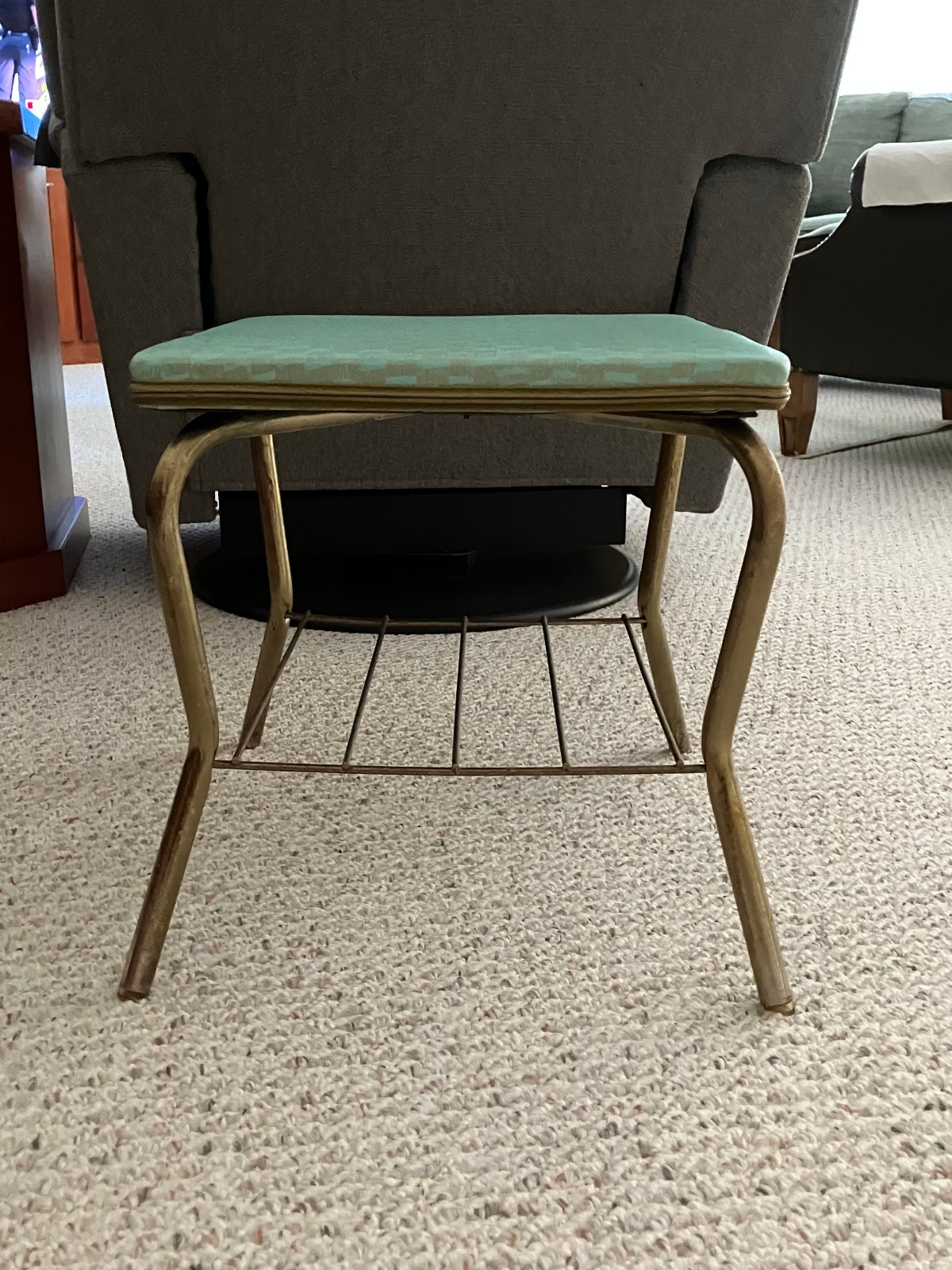 Vtg MCM Brass Legs with Underneath Rack Vinyl Covered Footstool; 15