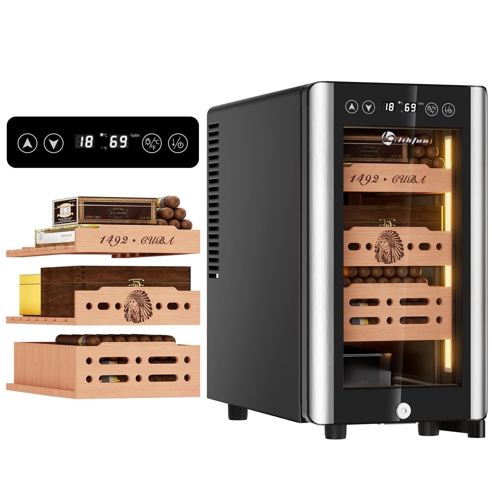 LIHTUN 25L Electric Humidor Cabinet, 150 Cigars, Cooling, Temp/Humidity Control