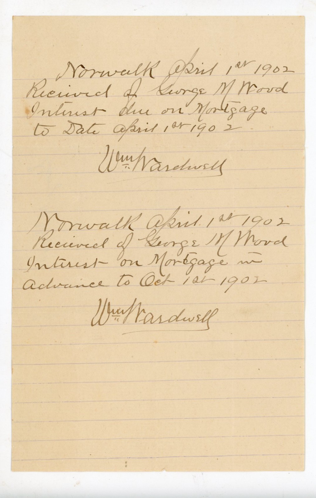 1902 Norwalk CT Mortgage Interest Receipt Geo M Wood Signed Wm Wardell