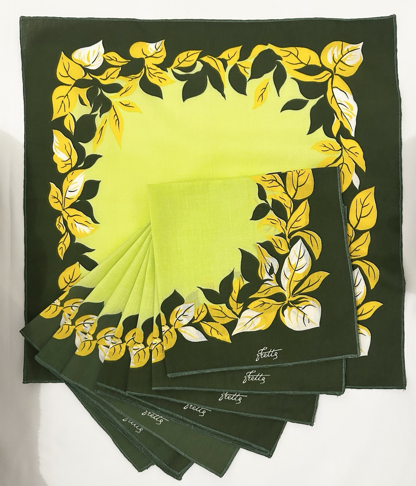 Rare Vintage Frette Italy Mid-Century Mod Botanical Dinner Napkins - Set of 8