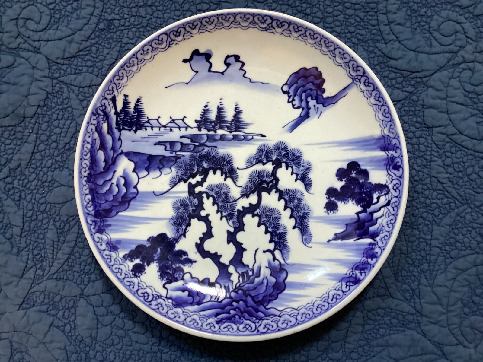 Vintage blue and white Japanese scenery plate Vintage blue and white Japanese scenery plate