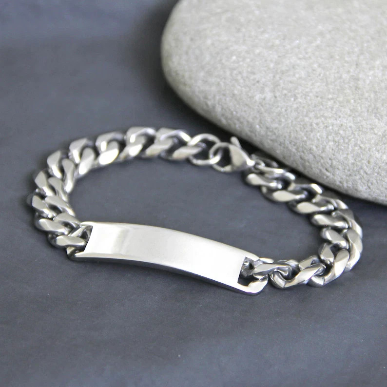 Men's 14K White Gold Over Custom ID Engraved Bracelet Size 8