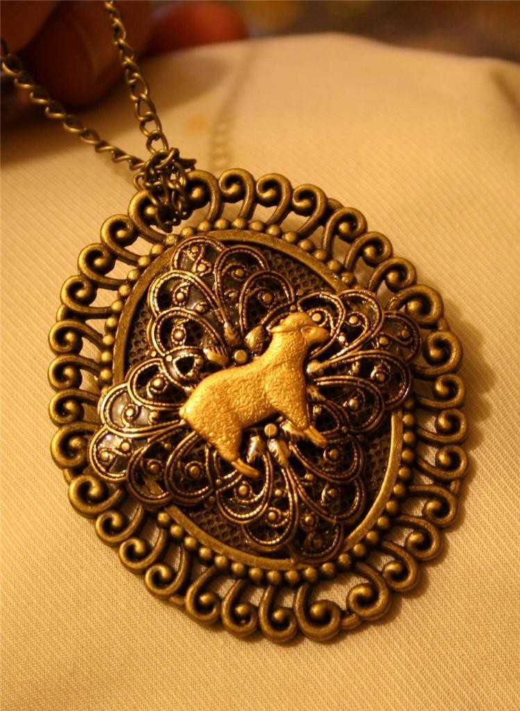 Lovely Swirl Rim Brasstone Filigree Inset Agnus Dei Lamb of God Pendant Necklace