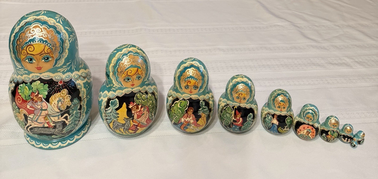 Russian Nesting Dolls Fairy Tale 10 PC Set Signed Sergiev Posad Vintage 1997