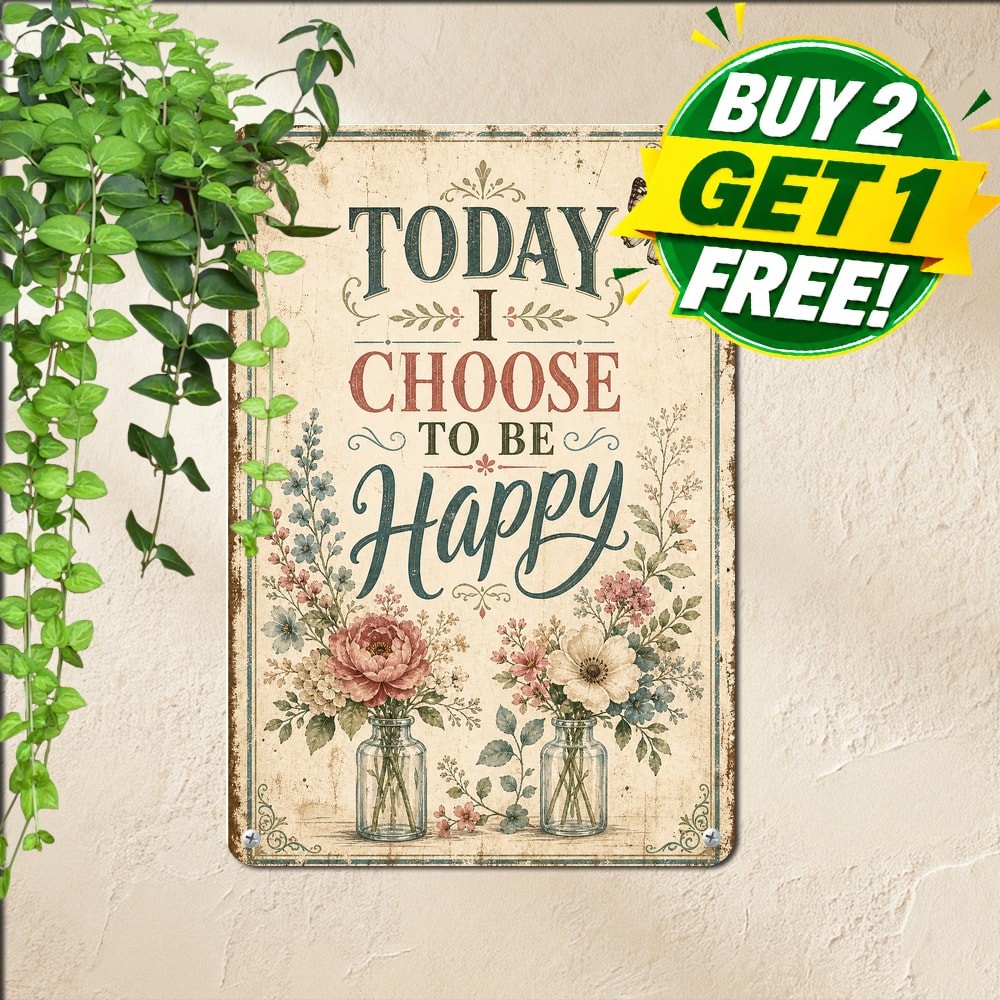 Today I Choose Happy Flowers Tin Sign Vintage Positive Inspirational Wall Art