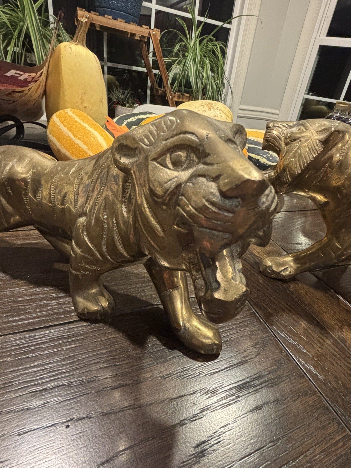 Vintage Solid Brass Prowling Tiger Figurines Pair Mid Century Hollywood Regency