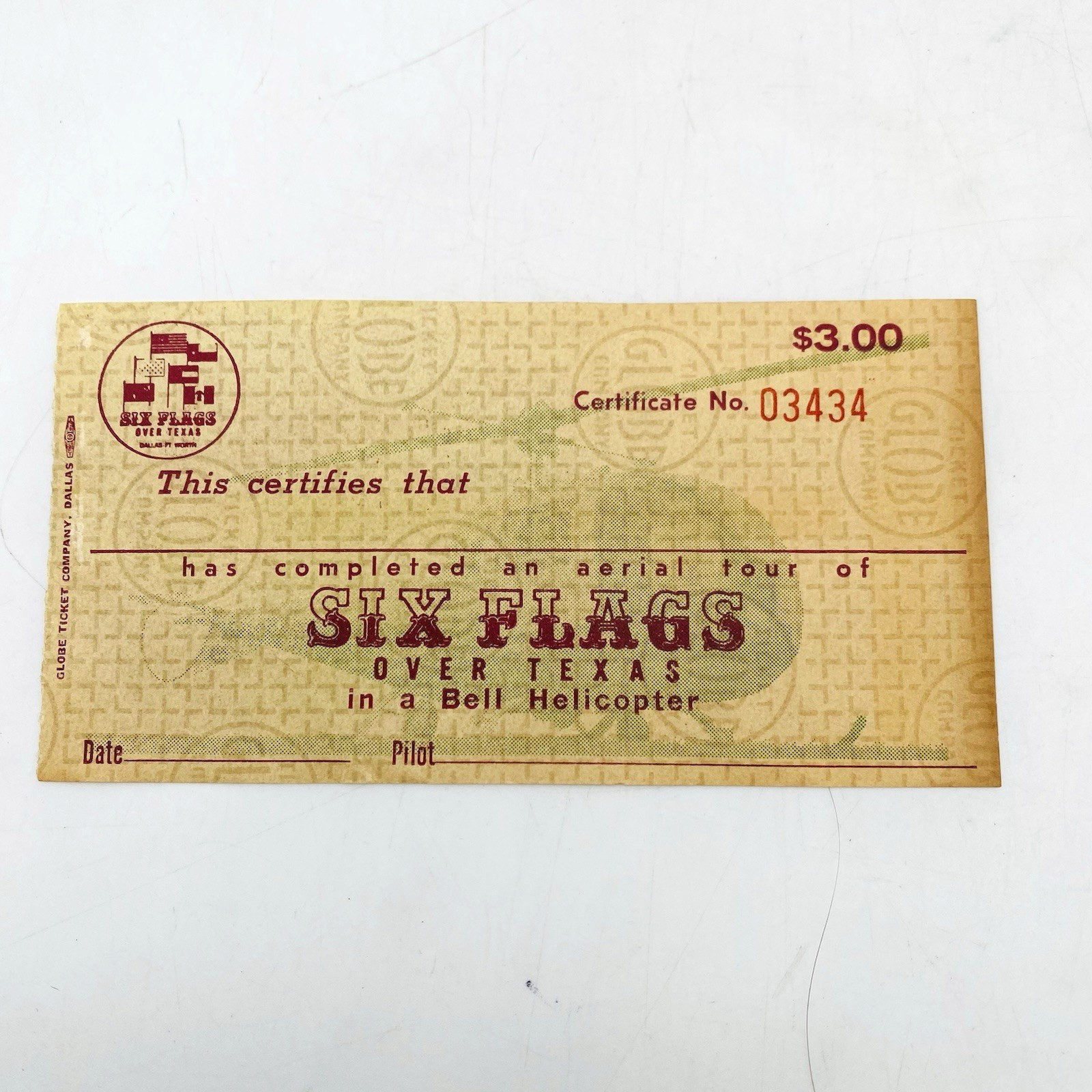 1960s Six Flags Over Texas Bell Helicopter Aerial Tour Ticket Certificate Paper