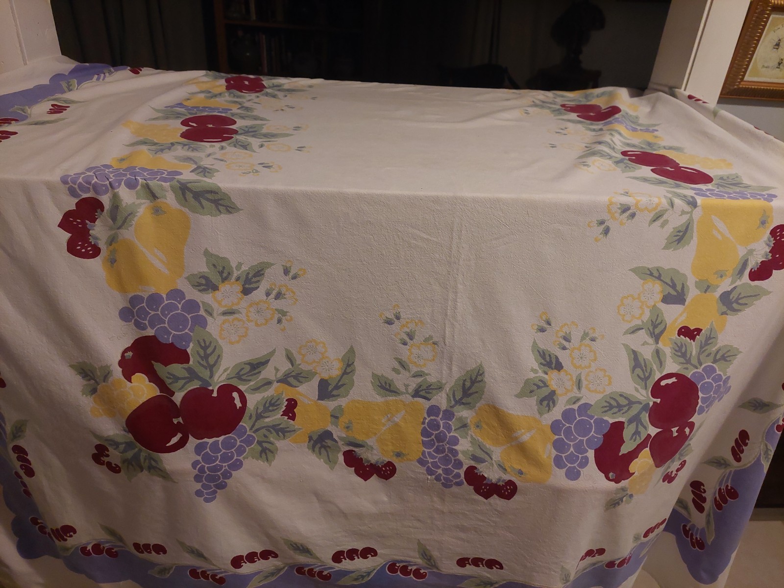 VTG 1950'S Colorful Fruit Theme Cotton Tablecloth Plums ,Cherries Pears 58x80