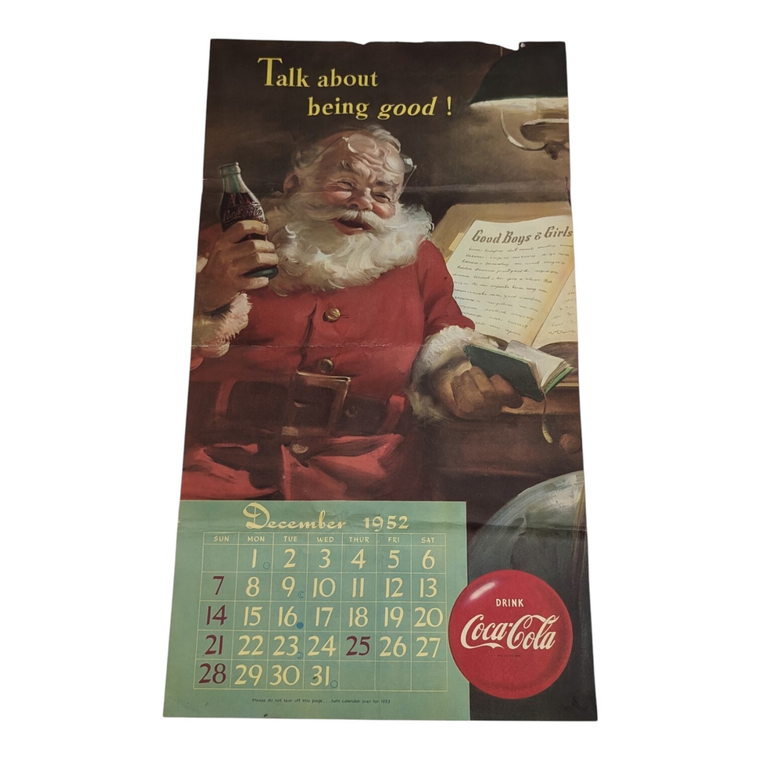 Iconic Coke Santa 1952 December Calendar Poster Sign Coca Cola Korean War