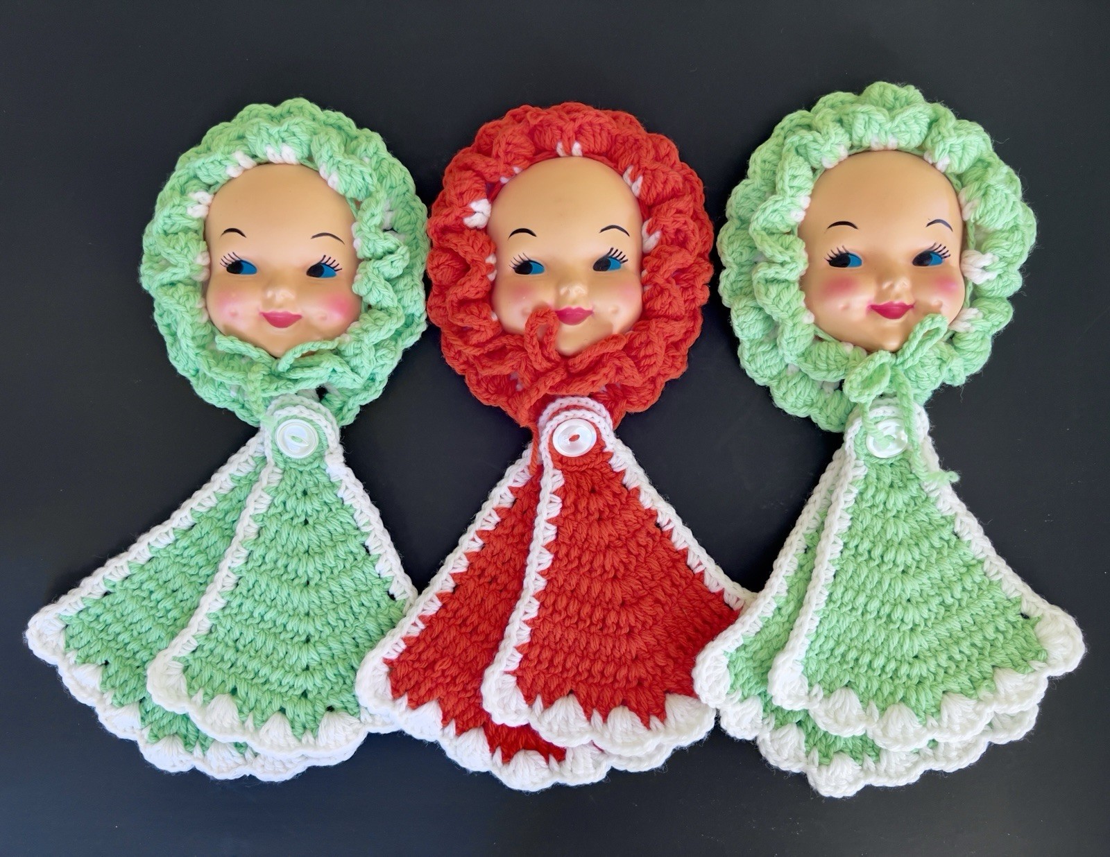 Set of 3 Kitchey Vintage Crochet Doll Face Potholders Grannycore