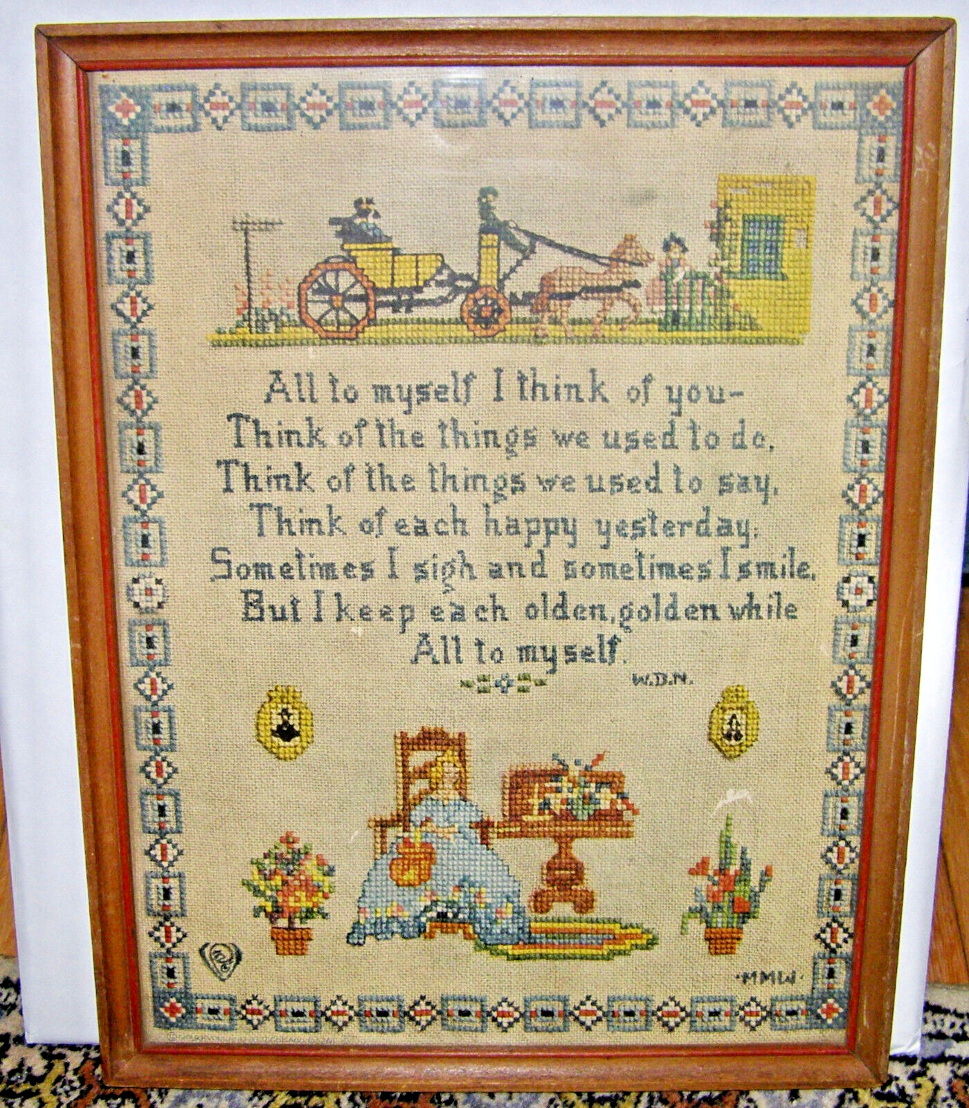 VINTAGE SAMPLER, PRINTED PAPER, IN CROSS STITCH STYLE WITH POEM:  “ALL TO MYSELF