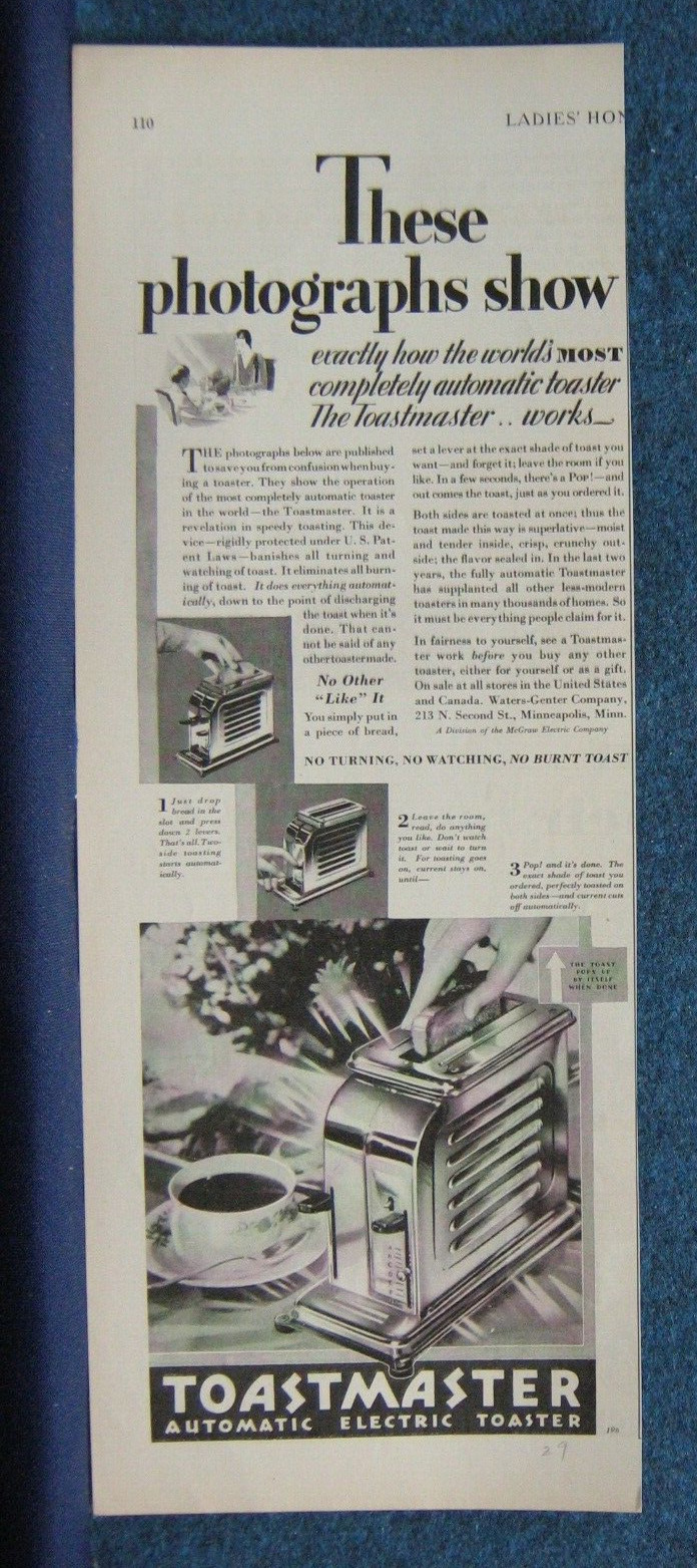 1929 Toastmaster Ad ~Illustrates Exactly How This Toaster Works ~ Minneapolis