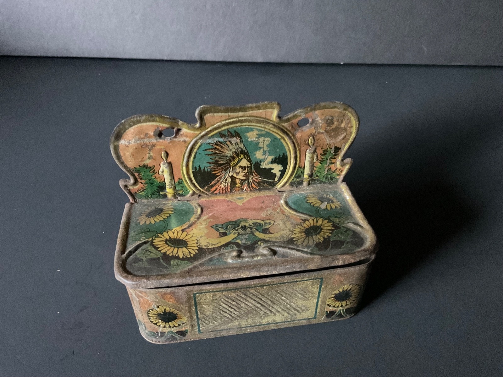 Vintage Native American Indian Tin Litho Box for Wooden Match’s
