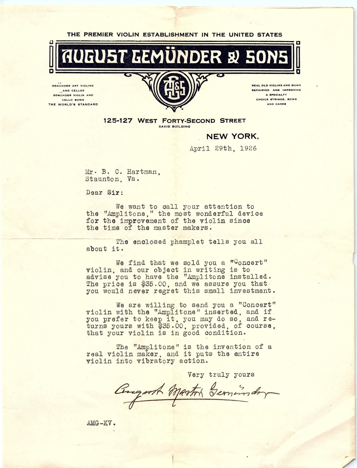 1926 August Gemünder Sons Violin Amplitone Letter