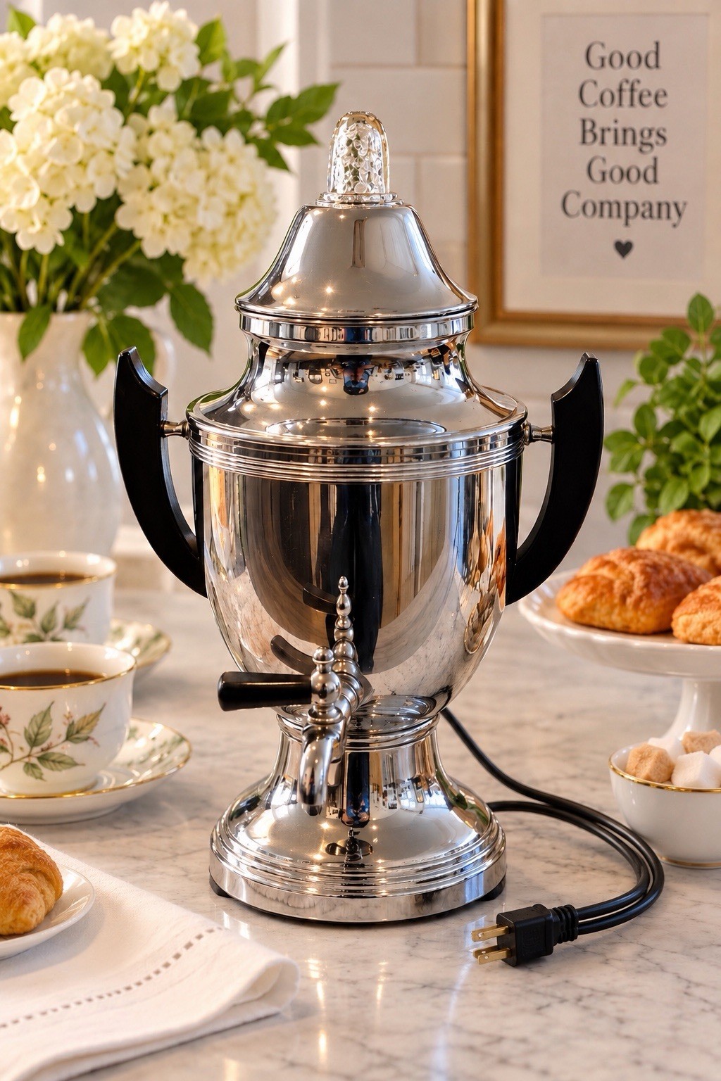 Vintage Farberware Set No. 40 Electric Coffee Urn Chrome Black Handles Read