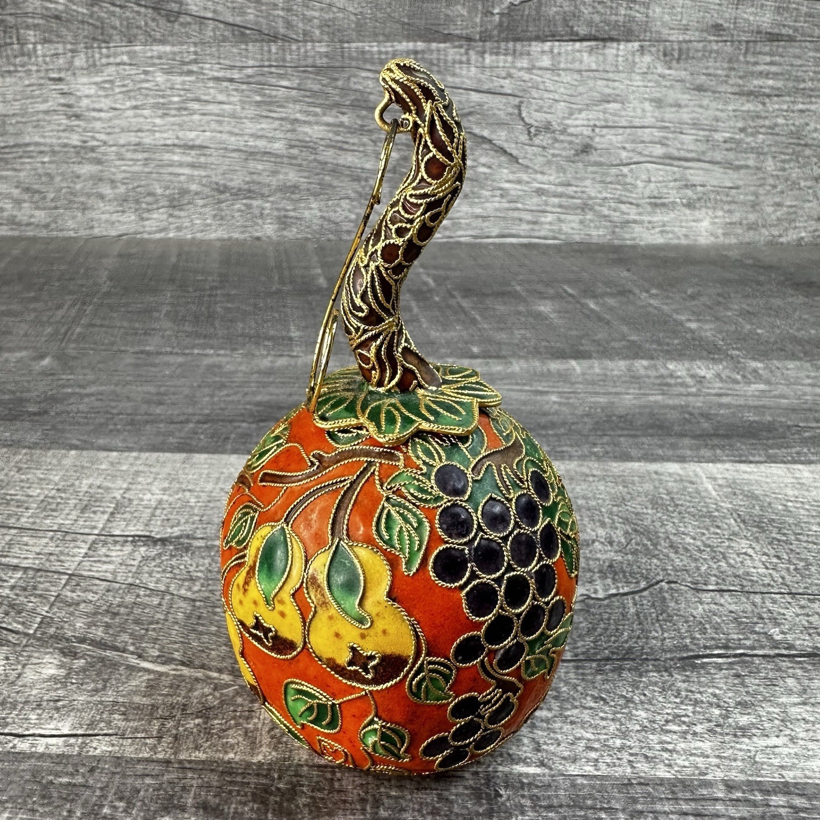 Vintage NYCO Cloisonne Enamel Fruit Ornament 5 Inch Pear Grape Apple Decor
