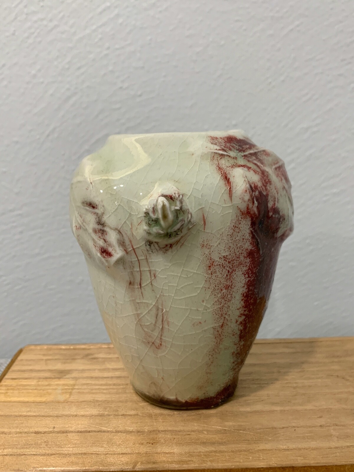 Chinese Unknown Age Copper Red & Celadon Glaze Pottery Vase w/ Frogs & Leaf Dec. Chinese Unknown Age Copper Red & Celadon Glaze Pottery Vase w/ Frogs & Leaf Dec.