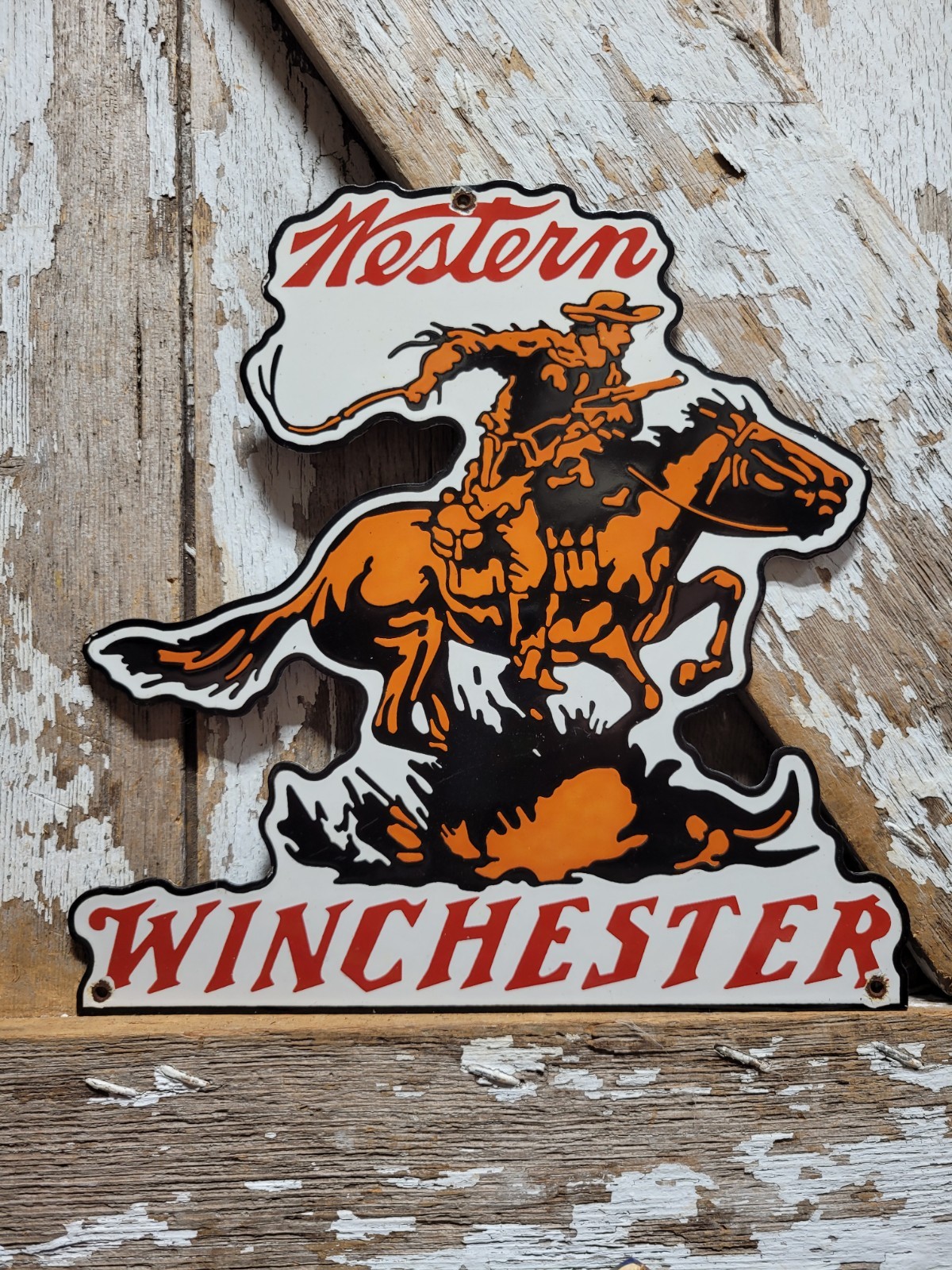 VINTAGE WINCHESTER PORCELAIN SIGN OLD WESTERN RODEO FIREARM GUN AMMUNITION AMMO