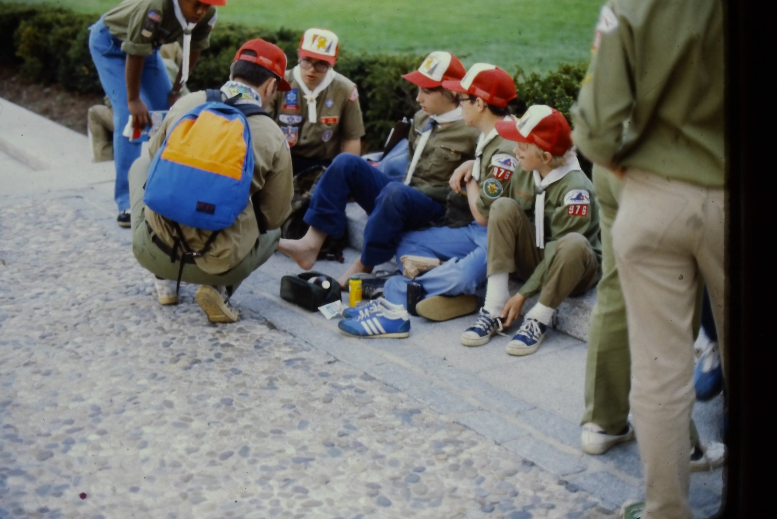 c1970\'s Ektachrome 35mm Slide, Boy Scouts Group Resting Cobblestone Path blue c1970\'s Ektachrome 35mm Slide, Boy Scouts Group Resting Cobblestone Path blue