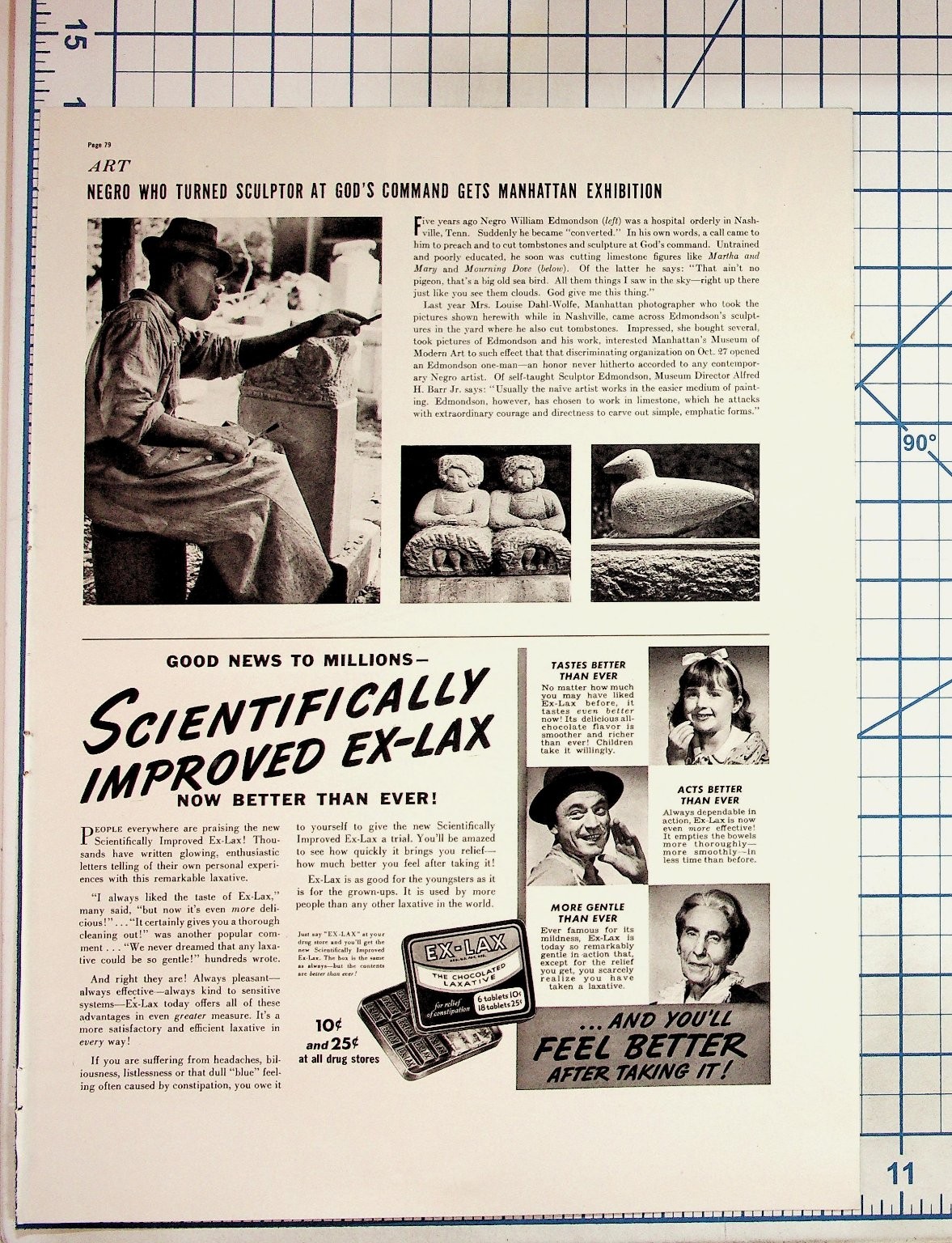 William Edmondson MoMA Article & Ex-Lax Ad Vintage Magazine Page Ephemera William Edmondson MoMA Article & Ex-Lax Ad Vintage Magazine Page Ephemera