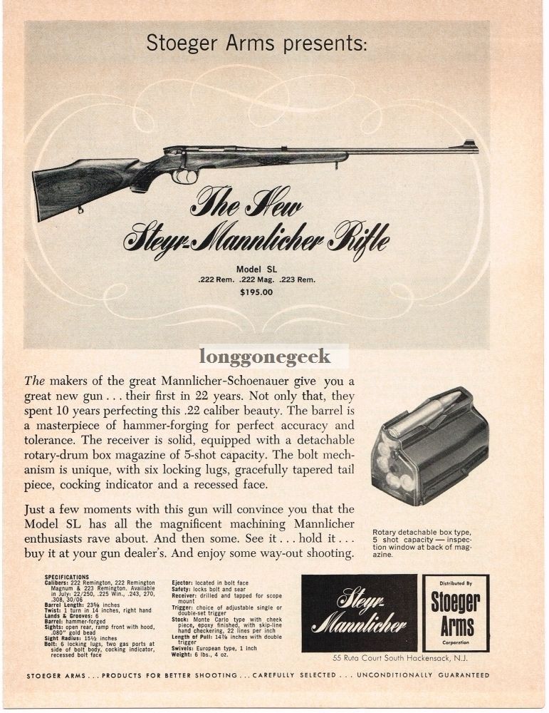 1968 STEYR-MANNLICHER Model SL Rifle Vintage Print Ad 