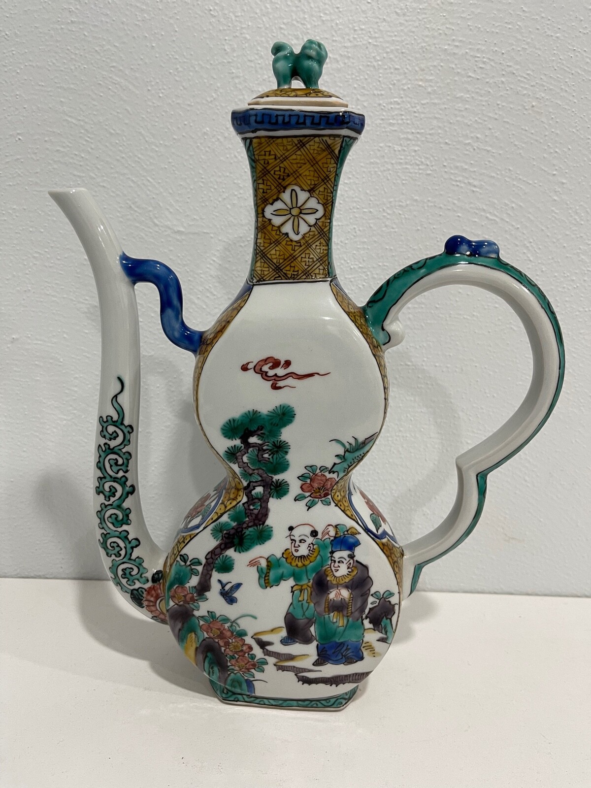 Antique Japanese Ko-Kutani Porcelain Wine Ewer Teapot Double Gourd Fuku Mark