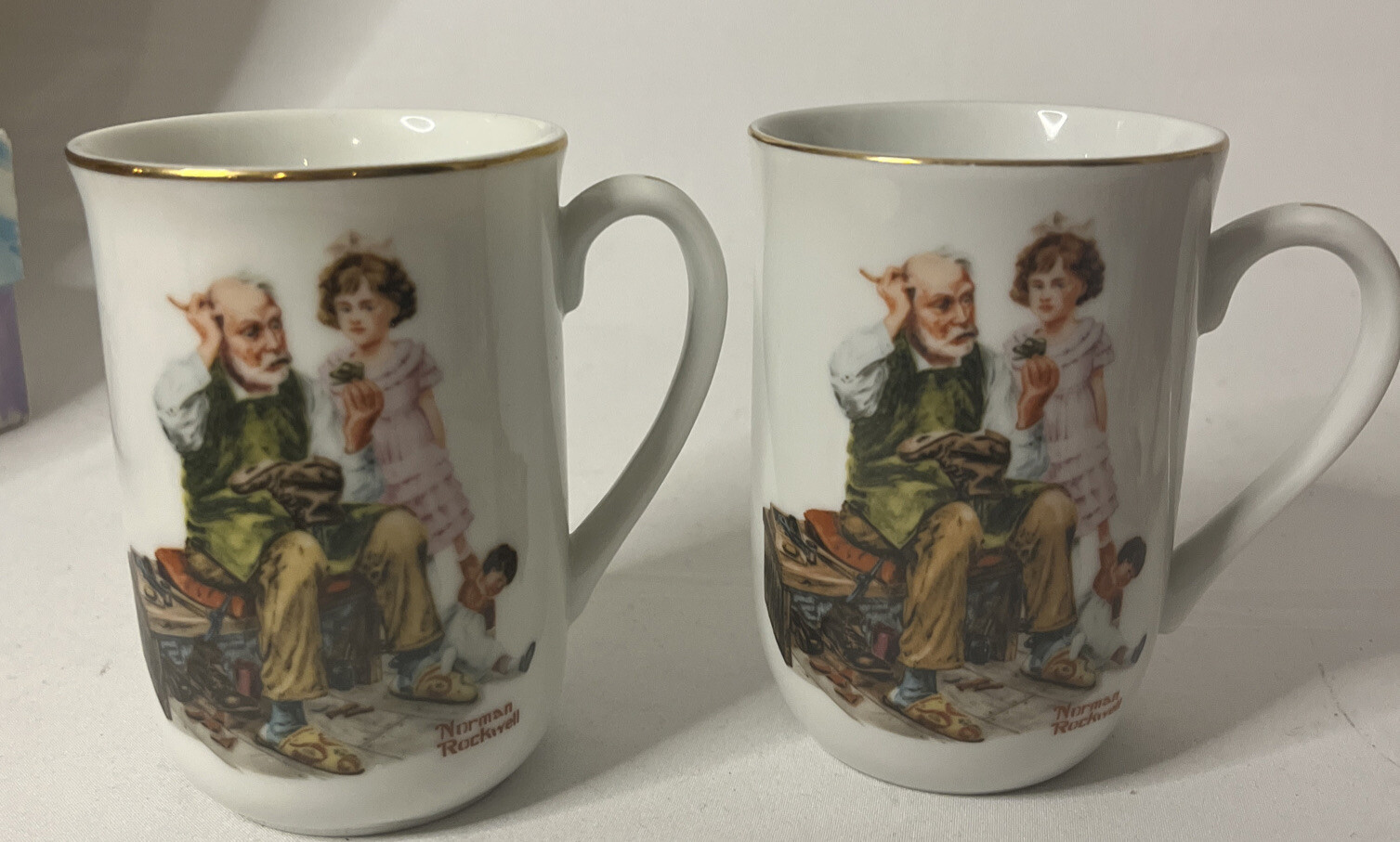 Set of 2 - 1982 Vintage Norman Rockwell The Cobbler Coffee Mug Americana