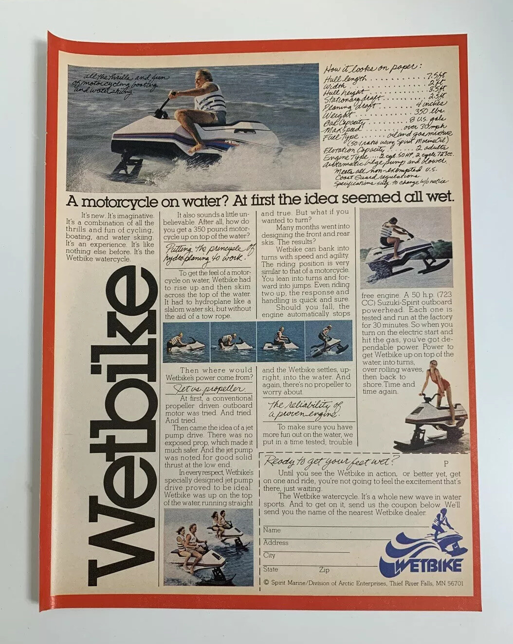 1979 Wetbike Motorcycle on Water Print Ad Original Vintage Waterski Watercycle