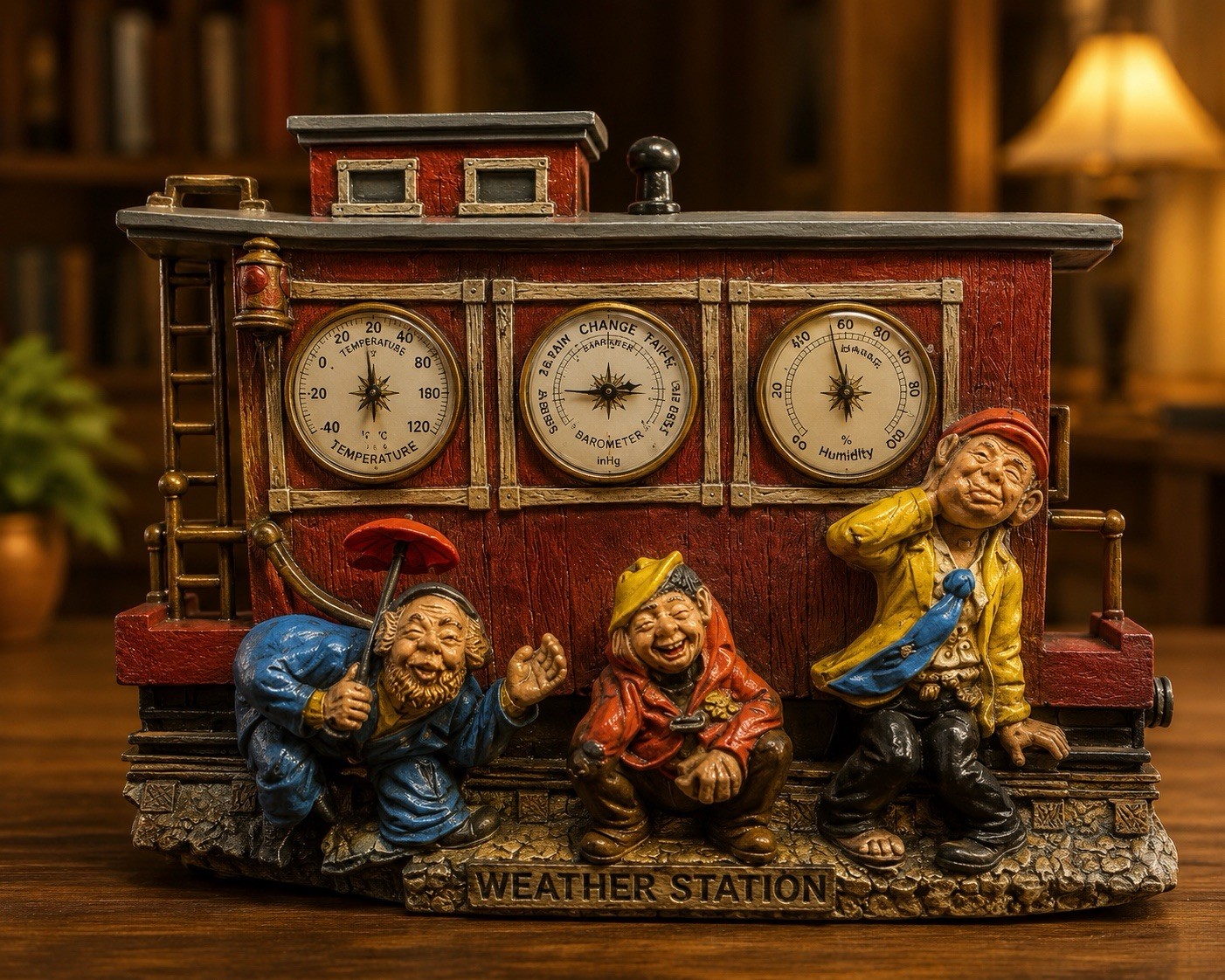 Vtg novelty weather station thermometer barometer hygrometer caboose figurines