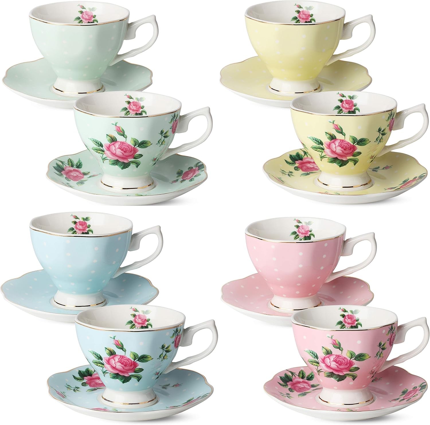 BTaT- Floral Tea Cups and Saucers, Set of 8, 8 oz