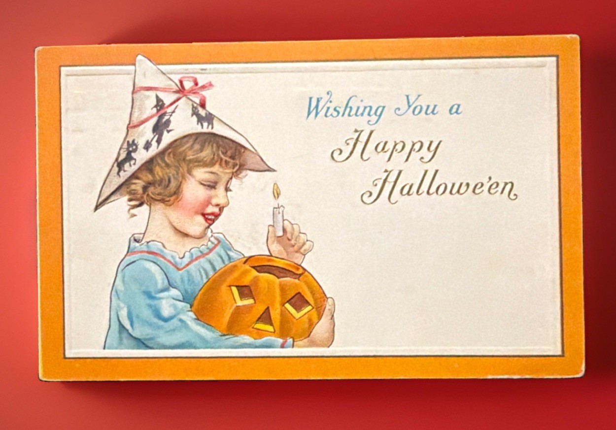 1915 Vintage Stecher Halloween Post Card Jack O Lantern Girl Witch Black Cat Dog