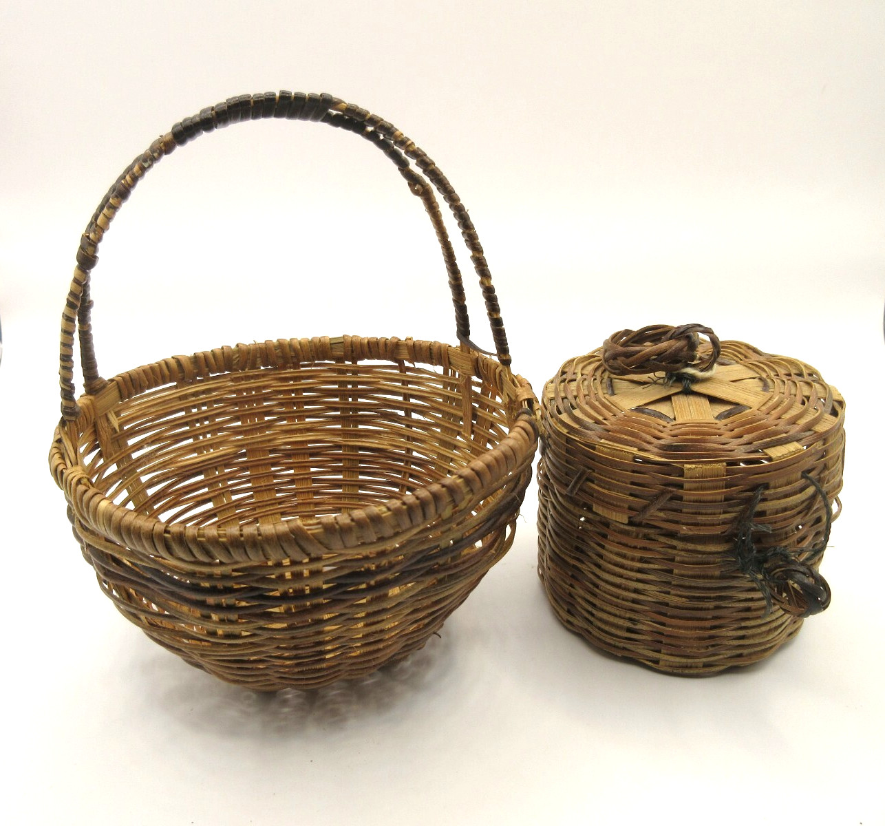 Vintage Maine Passamaquoddy Native American Indian Basket + Lidded Box Lot of 2