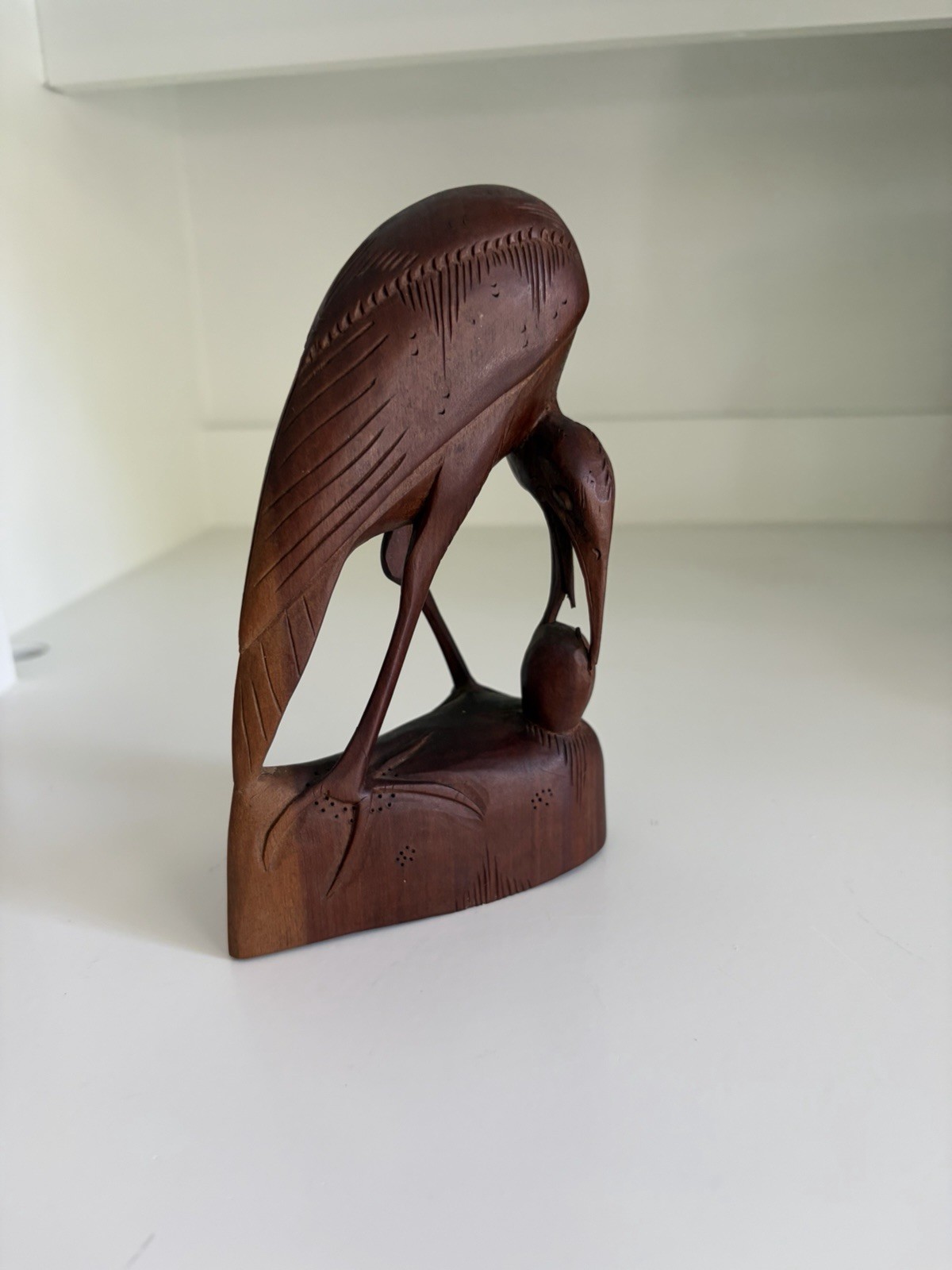 Vintage Balinese Hand Carved Wood Sculpture Art Deco Heron Egret Bird with Egg