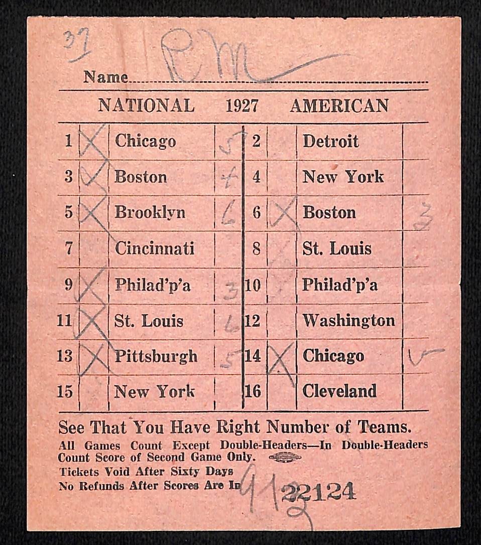 1927 Baseball Gambling / Pool Betting Ticket – Illegal Bookmaker Slip (#3)
