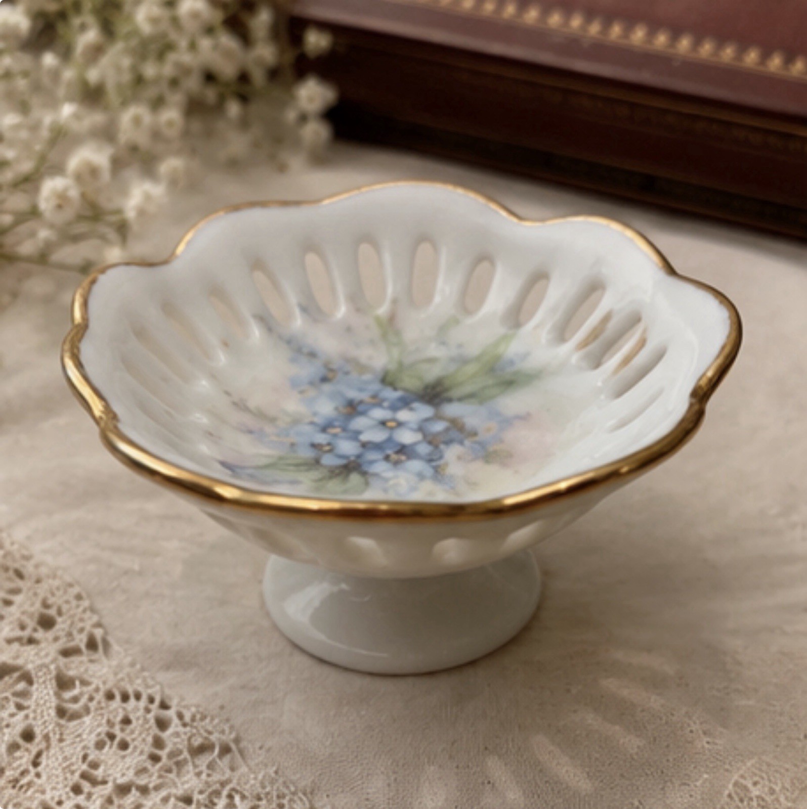 Vintage Lori White Mini Trinket Dish Reticulated Porcelain Blue Floral Gold Trim