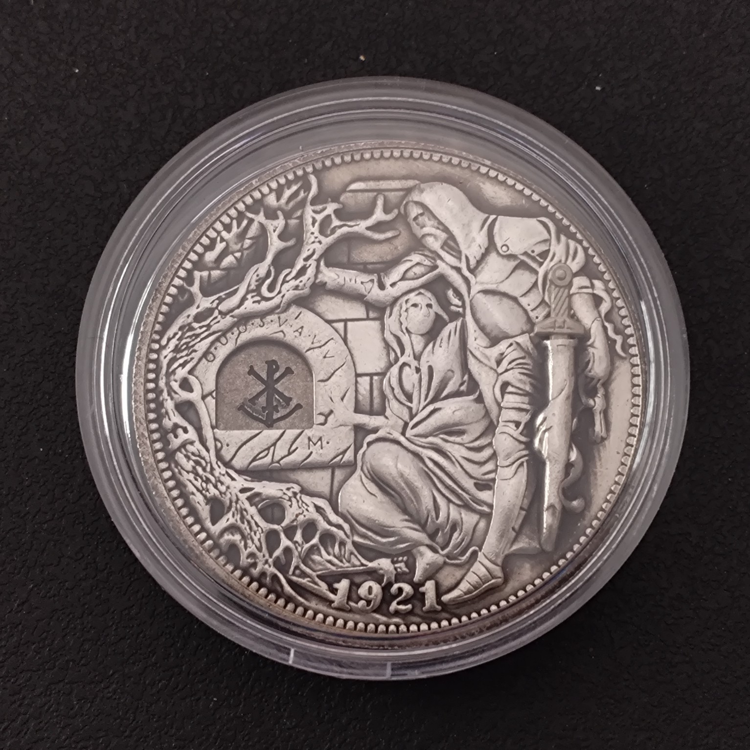 Silver Plated Movable Mechanism Holy Grail Hobo Nickel Knight Drawing Sword 1921 Silver Plated Movable Mechanism Holy Grail Hobo Nickel Knight Drawing Sword 1921