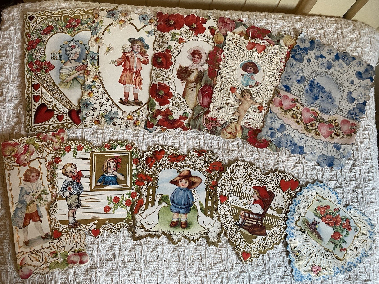 10 Antique Valentine Cards Die Cut Lace Cupid Hearts Floral Ephemera Scrapbook