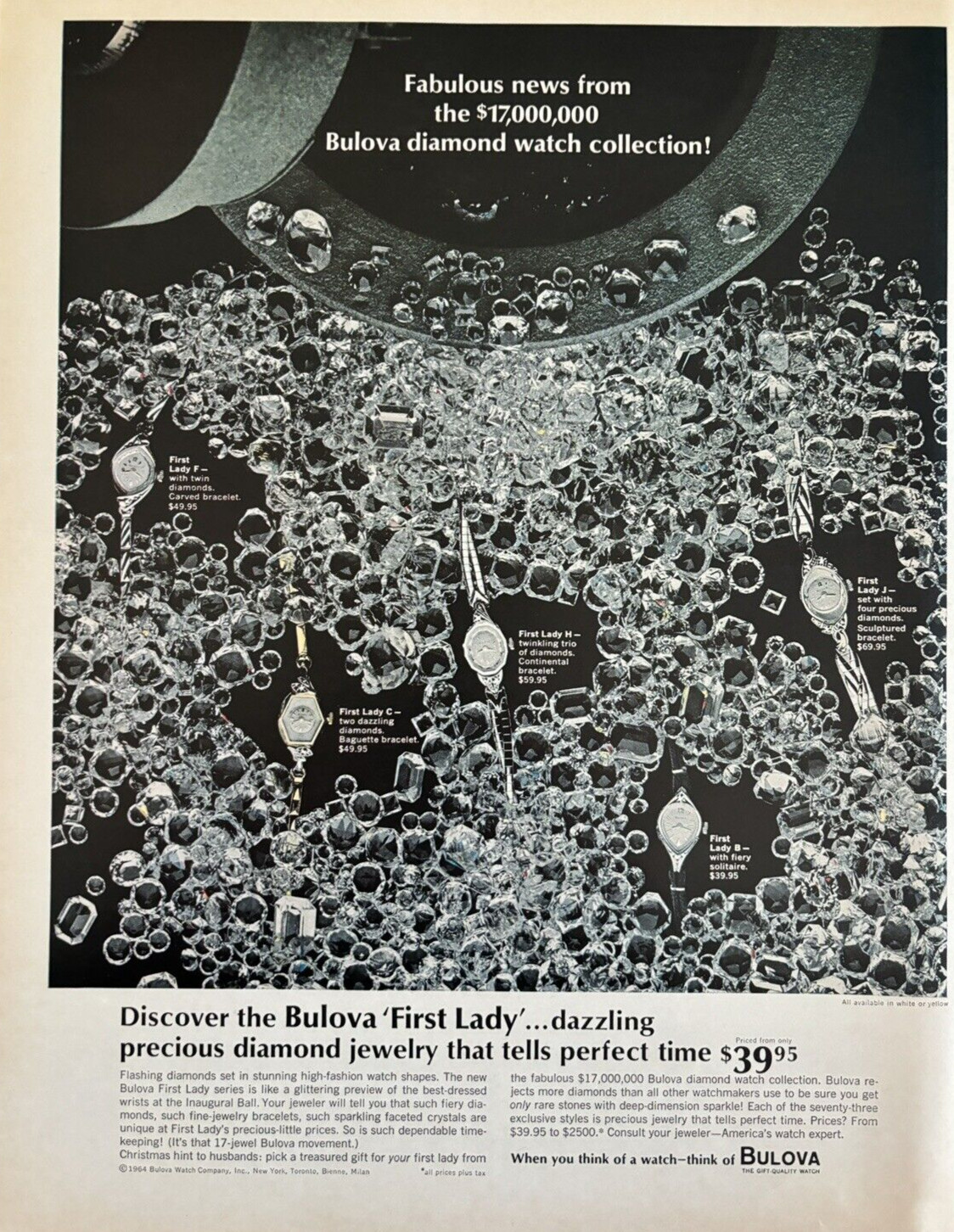 1964 Bulova First Lady Watch Diamond Jewlery Lady B C H J Vintage Print Ad