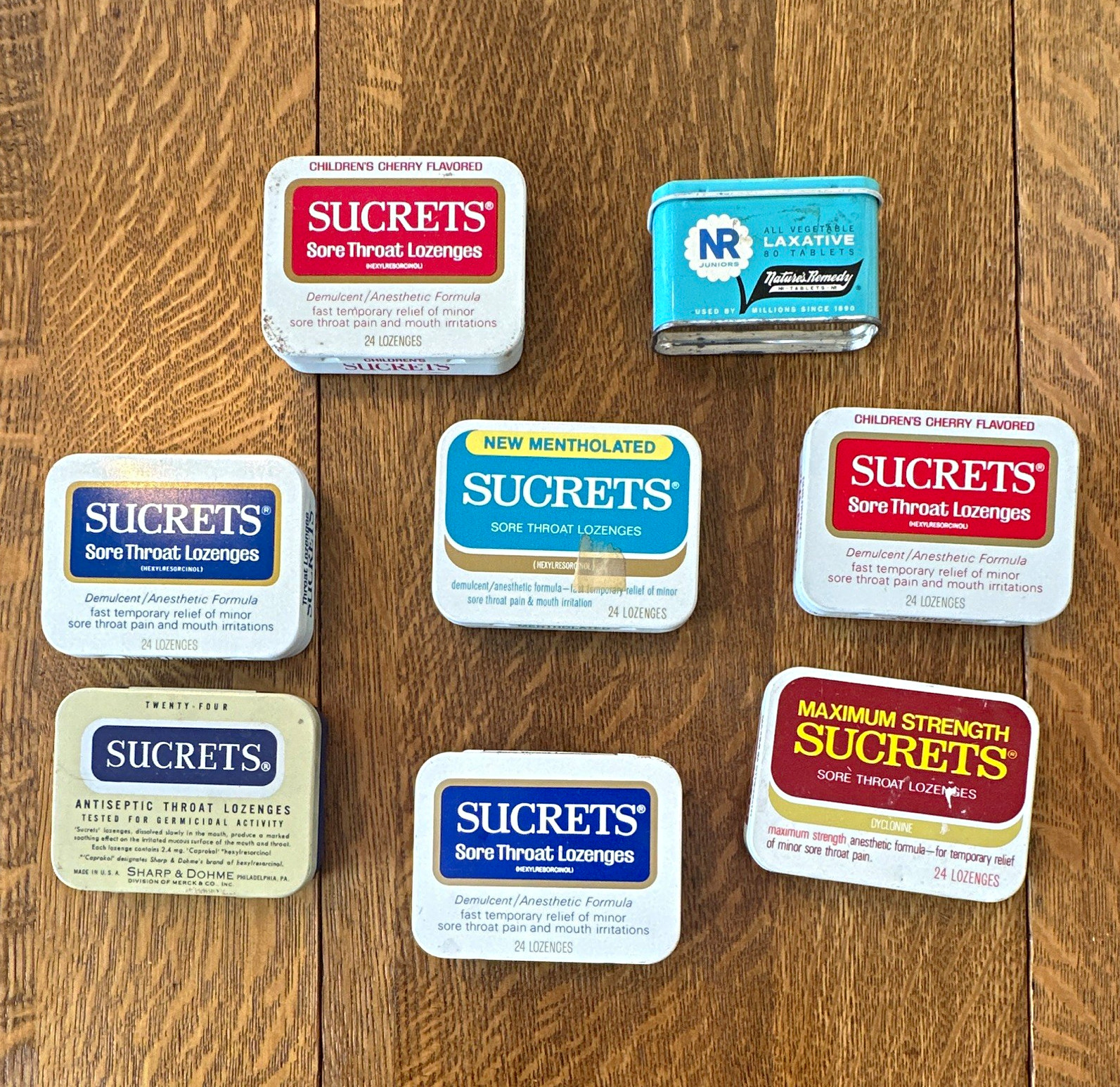 7 Sucrets Vintage Sore Throat Lozenges Pocket Tin + 1 Natures Remedy - Lot