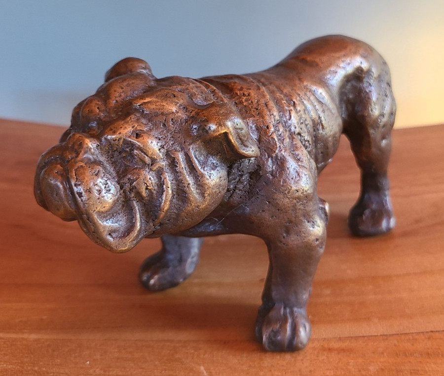 Antique Solid Bronze Standing English Bulldog Figurine, Heavy 6.1 lbs, Lost Wax